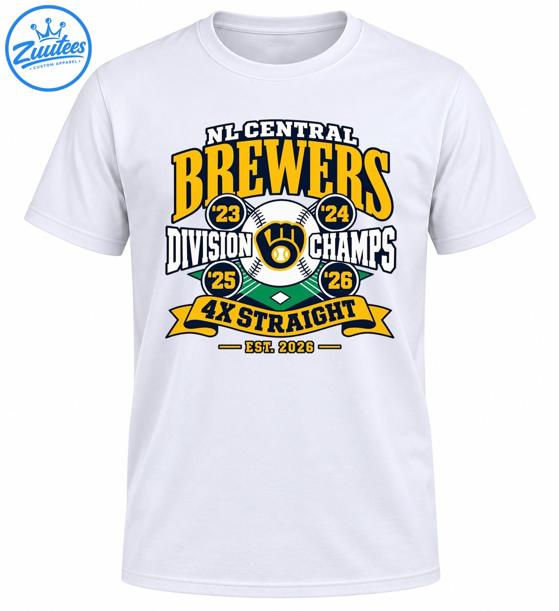 Brewers championship graphic with gold lettering, central baseball, four year badges, green diamond, and 4X STRAIGHT banner Brewers championship graphic with gold lettering, central baseball, four year badges, green diamond, and 4X STRAIGHT banner