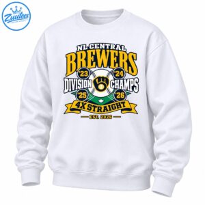 Brewers championship graphic with gold lettering, central baseball, four year badges, green diamond, and 4X STRAIGHT banner