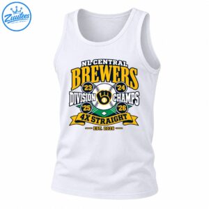 Brewers championship graphic with gold lettering, central baseball, four year badges, green diamond, and 4X STRAIGHT banner