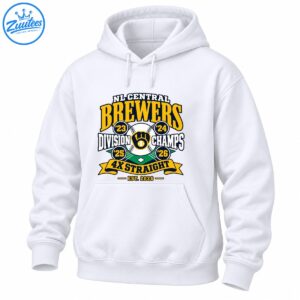 Brewers championship graphic with gold lettering, central baseball, four year badges, green diamond, and 4X STRAIGHT banner