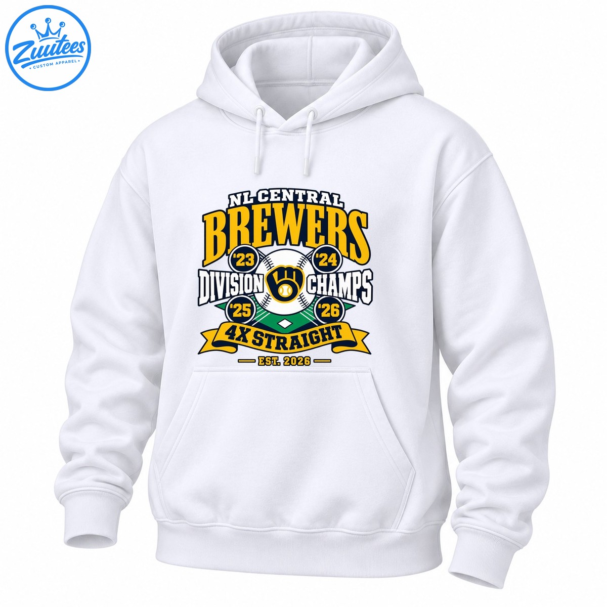 Brewers championship graphic with gold lettering, central baseball, four year badges, green diamond, and 4X STRAIGHT banner Brewers championship graphic with gold lettering, central baseball, four year badges, green diamond, and 4X STRAIGHT banner
