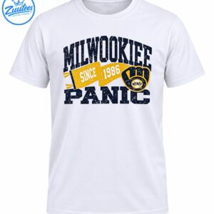Milwookiee Panic vintage logo design with distressed navy lettering, gold Since 1986 banner, and glove emblem