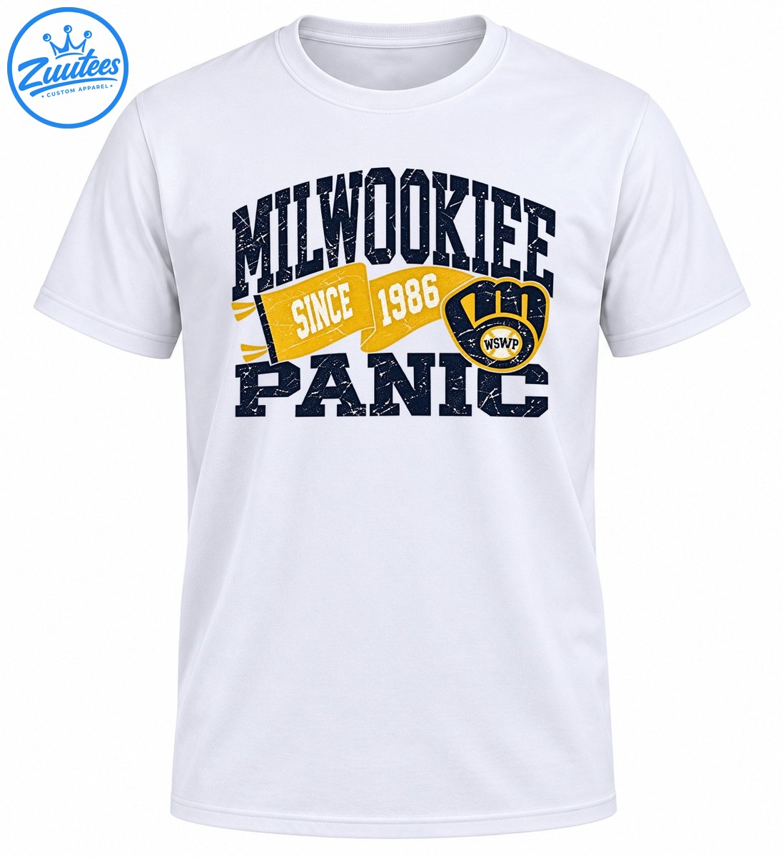 Milwookiee Panic vintage logo design with distressed navy lettering, gold Since 1986 banner, and glove emblem Milwookiee Panic vintage logo design with distressed navy lettering, gold Since 1986 banner, and glove emblem