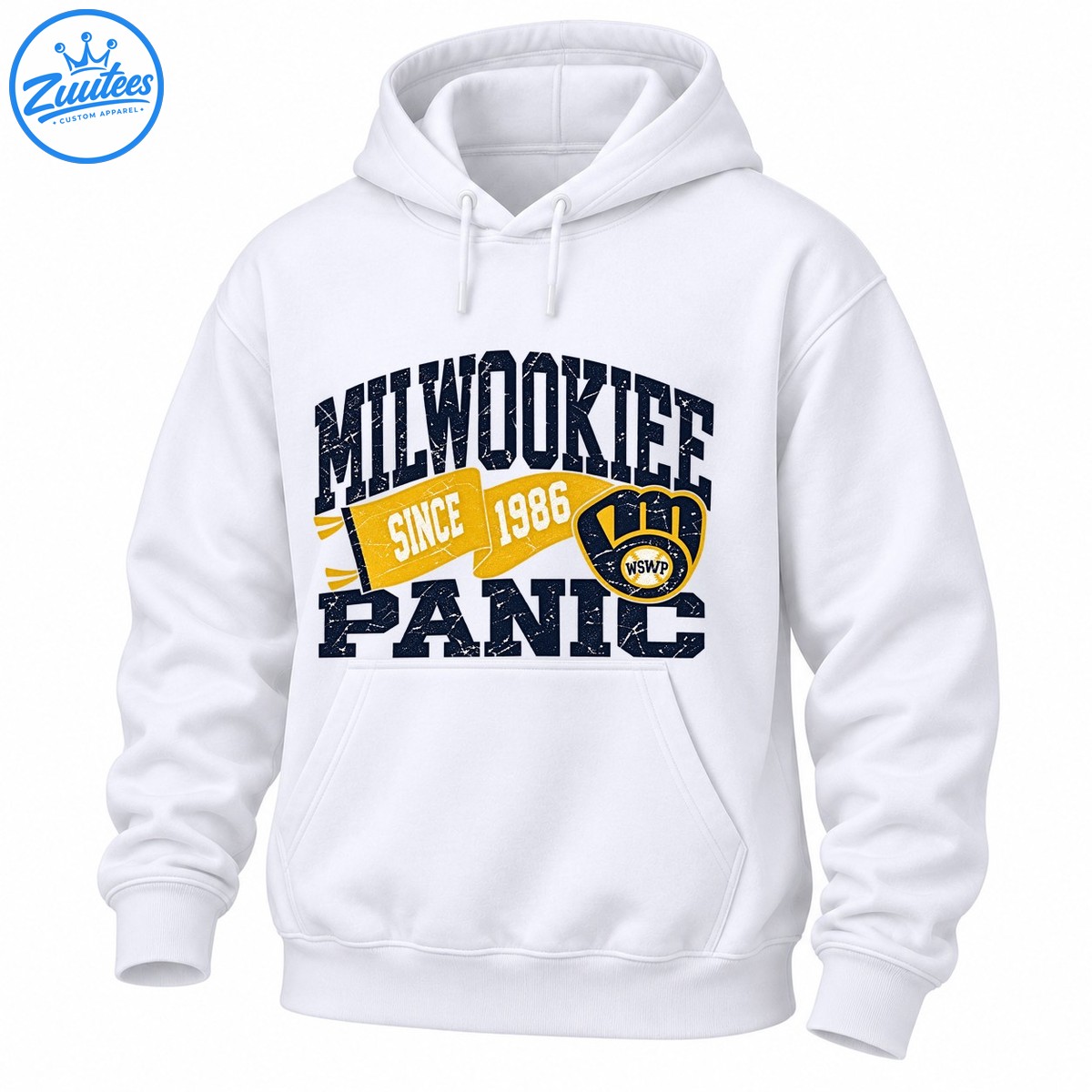 Milwookiee Panic vintage logo design with distressed navy lettering, gold Since 1986 banner, and glove emblem Milwookiee Panic vintage logo design with distressed navy lettering, gold Since 1986 banner, and glove emblem