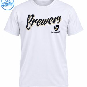 Brewers cursive script in navy, white, and gold with a baseball glove emblem and MILWAUKEE lettering