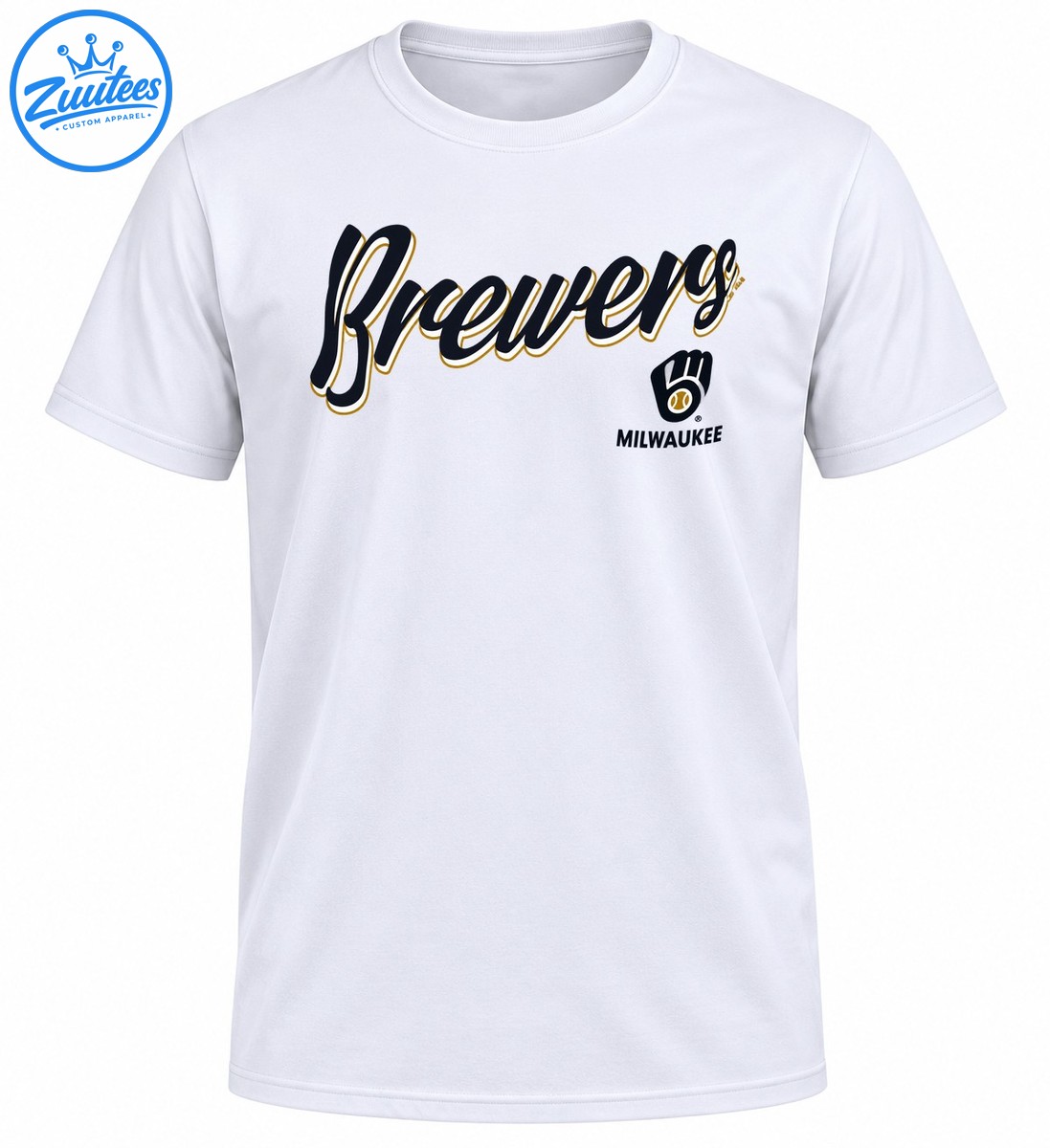 Brewers cursive script in navy, white, and gold with a baseball glove emblem and MILWAUKEE lettering Brewers cursive script in navy, white, and gold with a baseball glove emblem and MILWAUKEE lettering