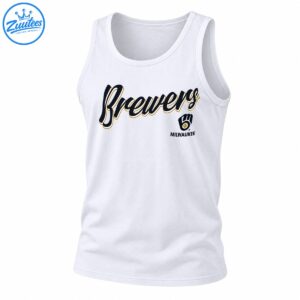 Brewers cursive script in navy, white, and gold with a baseball glove emblem and MILWAUKEE lettering