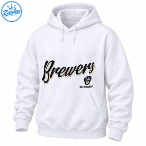 Brewers cursive script in navy, white, and gold with a baseball glove emblem and MILWAUKEE lettering