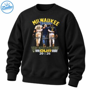 Milwaukee Brewers baseball graphic with Yelich 22, Turang 2, This One's For Ueck, Win Our Way, and 2026