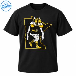 Cartoon Viking in a Griddy-inspired pose inside a gold Minnesota outline, with black, white, and yellow details