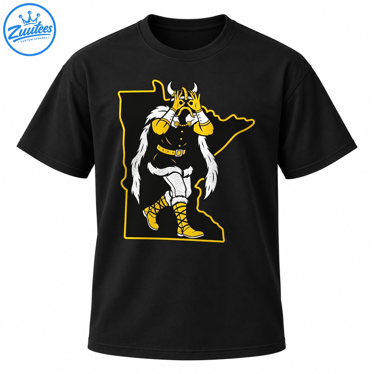 Cartoon Viking in a Griddy inspired pose inside a gold Minnesota outline, with black, white, and yellow details Cartoon Viking in a Griddy-inspired pose inside a gold Minnesota outline, with black, white, and yellow details