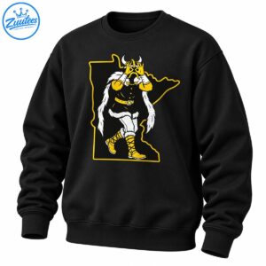 Cartoon Viking in a Griddy-inspired pose inside a gold Minnesota outline, with black, white, and yellow details