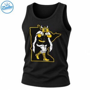 Cartoon Viking in a Griddy-inspired pose inside a gold Minnesota outline, with black, white, and yellow details