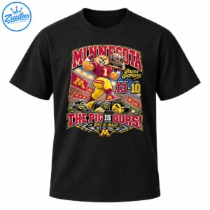 Minnesota Golden Gophers football graphic with a triumphant gopher, pig trophy, 13-10 scoreboard, and The Pig Is Ours slogan