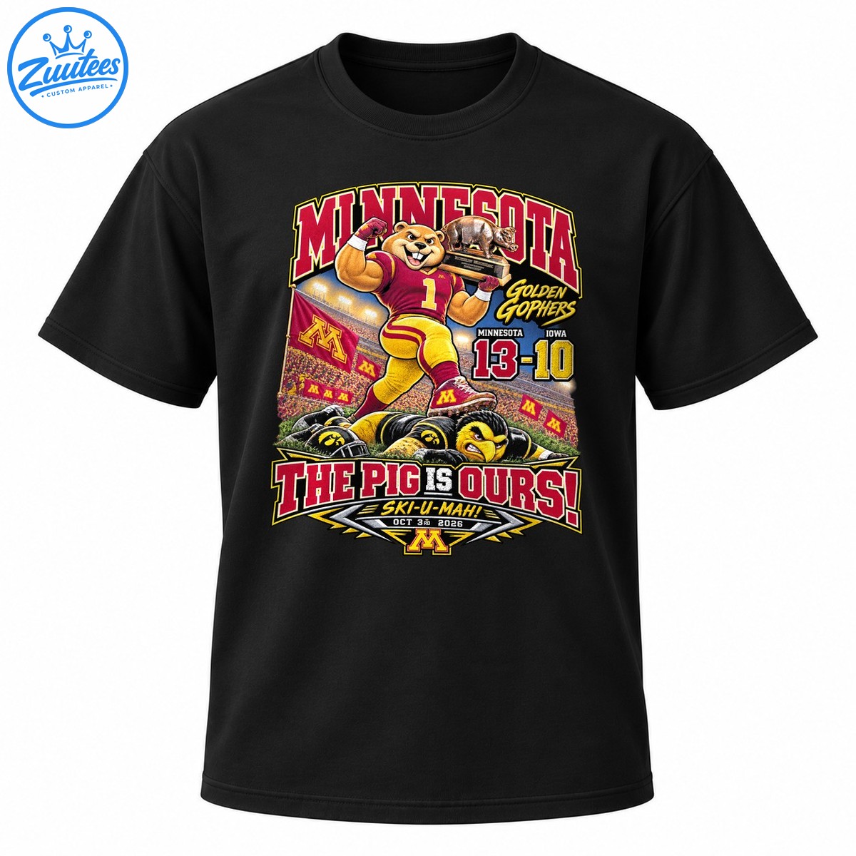 Minnesota Golden Gophers football graphic with a triumphant gopher, pig trophy, 13 10 scoreboard, and The Pig Is Ours slogan Minnesota Golden Gophers football graphic with a triumphant gopher, pig trophy, 13-10 scoreboard, and The Pig Is Ours slogan