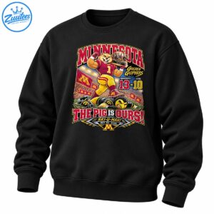 Minnesota Golden Gophers football graphic with a triumphant gopher, pig trophy, 13-10 scoreboard, and The Pig Is Ours slogan