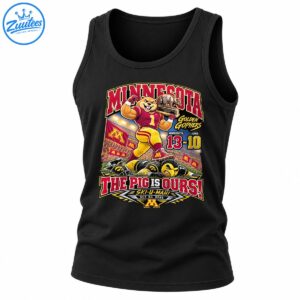 Minnesota Golden Gophers football graphic with a triumphant gopher, pig trophy, 13-10 scoreboard, and The Pig Is Ours slogan