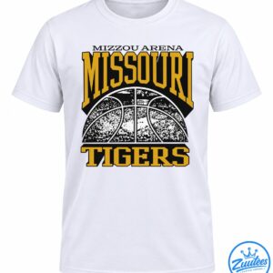 Missouri Tigers basketball graphic featuring gold MISSOURI and TIGERS lettering with a distressed black and white basketball court