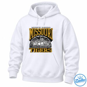 Missouri Tigers basketball graphic featuring gold MISSOURI and TIGERS lettering with a distressed black and white basketball court