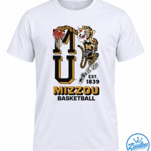 Missouri basketball shirt graphic with a striped tiger dunking beside bold black and gold Mizzou lettering and Est. 1839