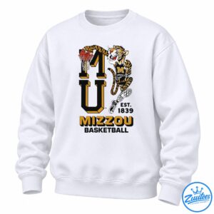 Missouri basketball shirt graphic with a striped tiger dunking beside bold black and gold Mizzou lettering and Est. 1839