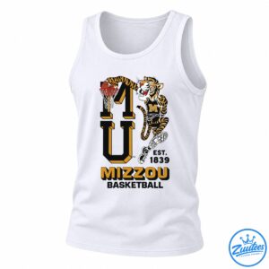 Missouri basketball shirt graphic with a striped tiger dunking beside bold black and gold Mizzou lettering and Est. 1839