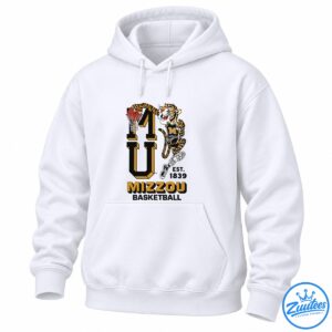 Missouri basketball shirt graphic with a striped tiger dunking beside bold black and gold Mizzou lettering and Est. 1839