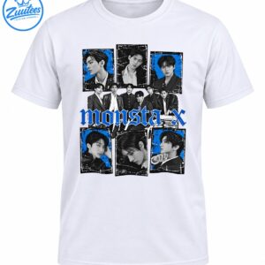 Monsta X shirt design with monochrome group portraits, cobalt blue accents, distressed frames, and gothic lettering