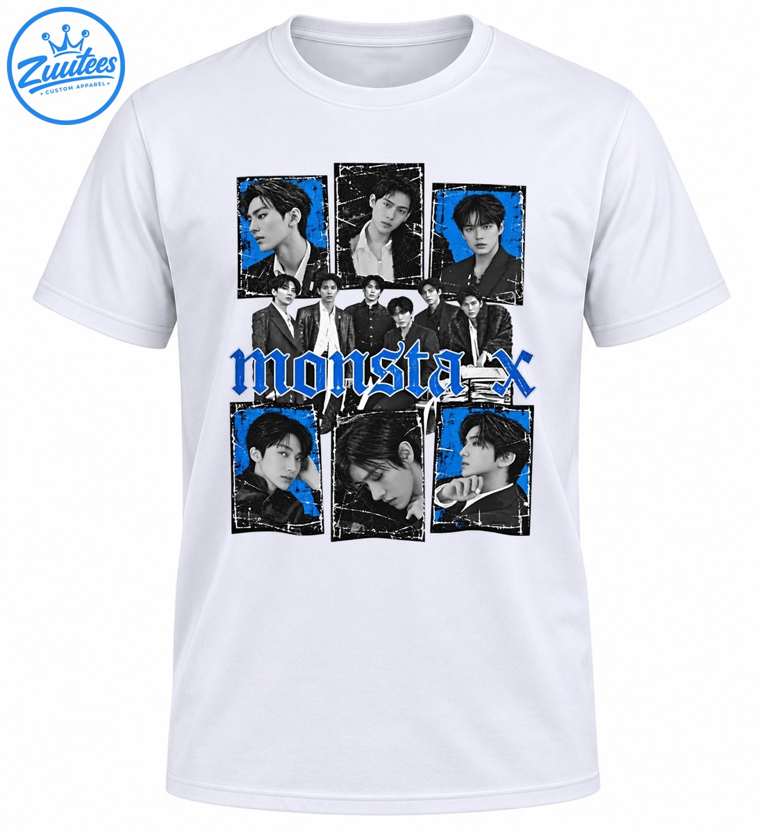 Monsta X shirt design with monochrome group portraits, cobalt blue accents, distressed frames, and gothic lettering Monsta X shirt design with monochrome group portraits, cobalt blue accents, distressed frames, and gothic lettering
