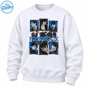 Monsta X shirt design with monochrome group portraits, cobalt blue accents, distressed frames, and gothic lettering