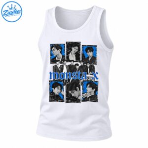 Monsta X shirt design with monochrome group portraits, cobalt blue accents, distressed frames, and gothic lettering