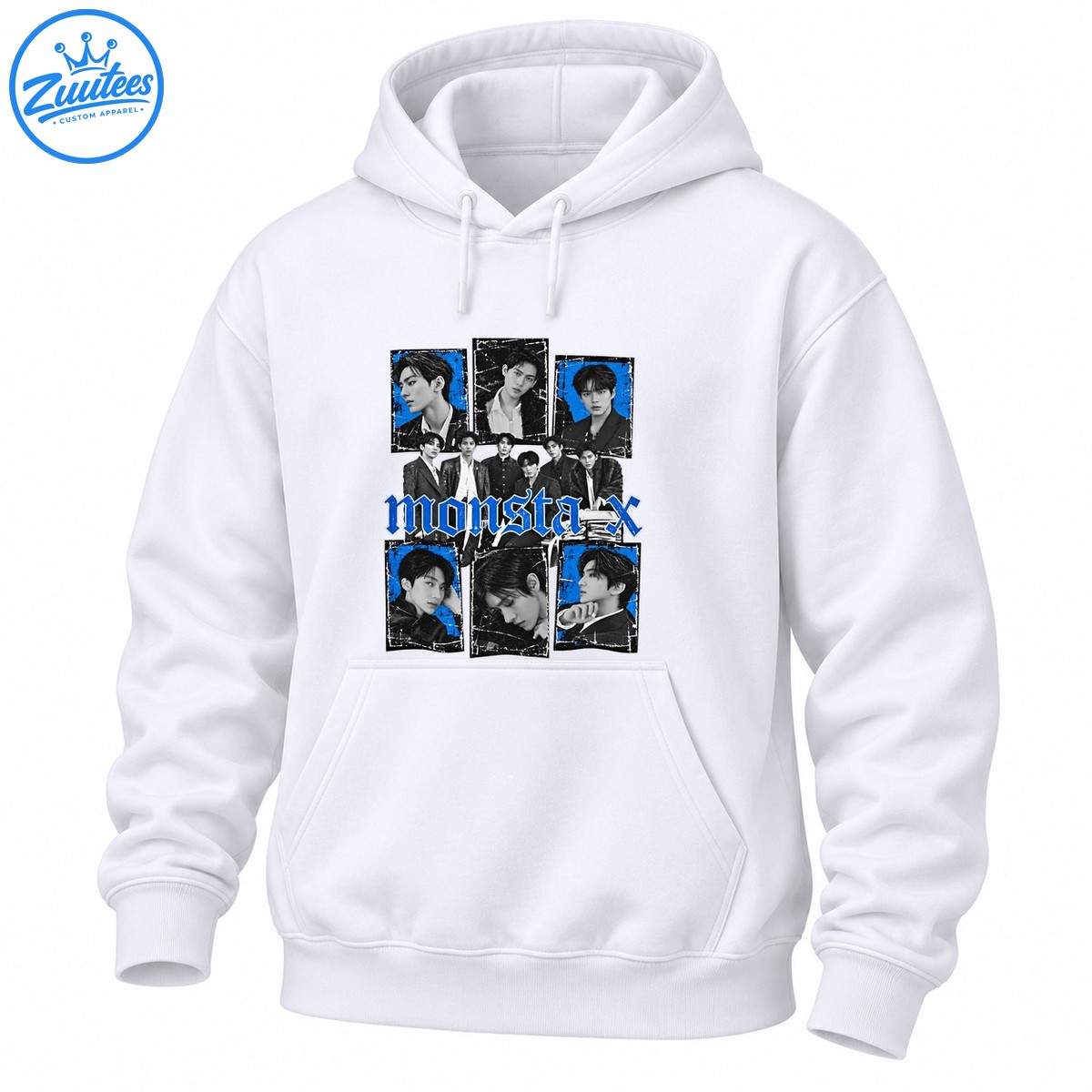 Monsta X shirt design with monochrome group portraits, cobalt blue accents, distressed frames, and gothic lettering Monsta X shirt design with monochrome group portraits, cobalt blue accents, distressed frames, and gothic lettering