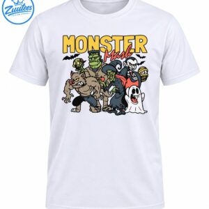 Monster Mash Halloween design with Frankenstein, werewolf, vampire, witch, zombie, mummy, ghost, and black bats