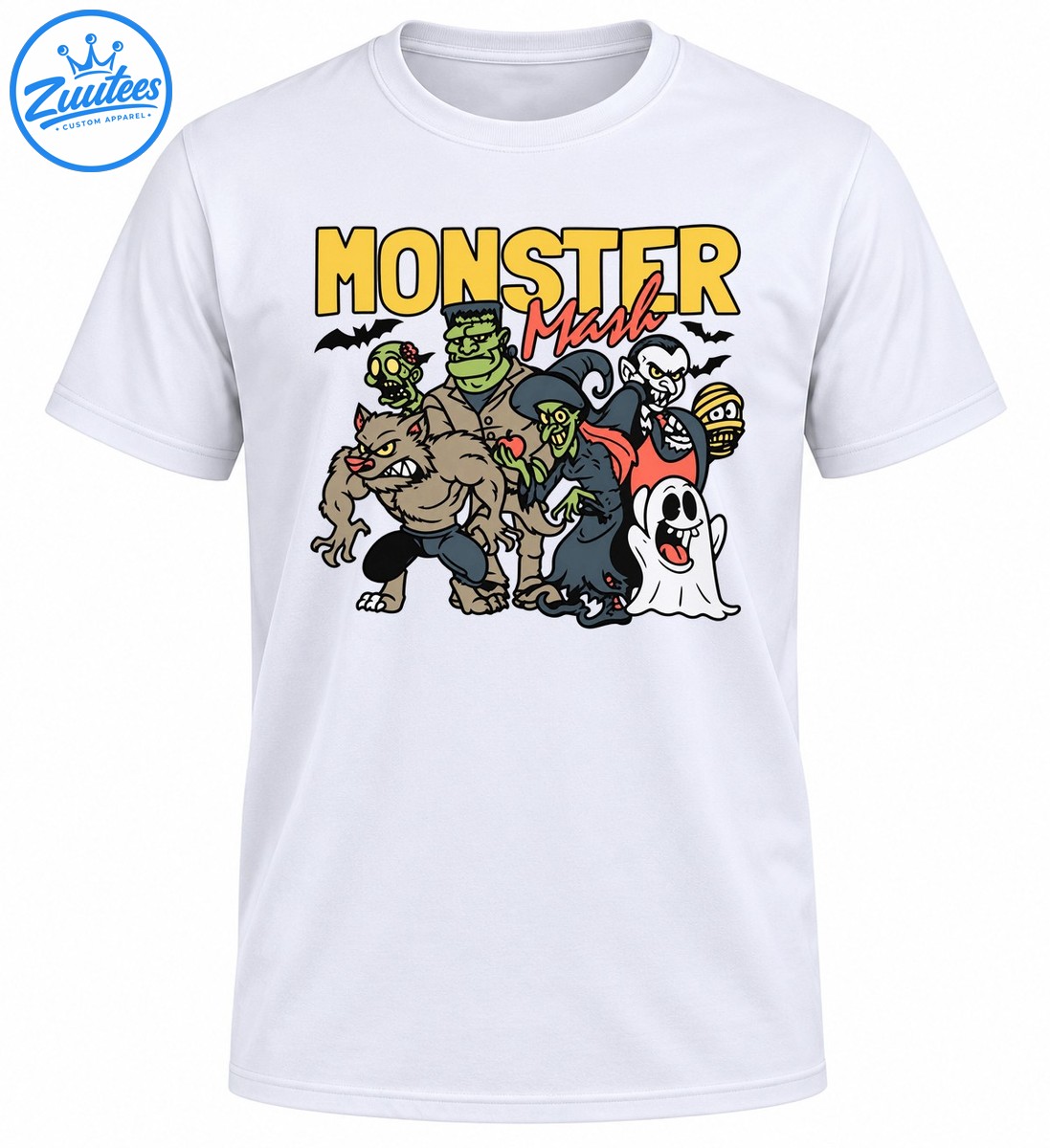 Monster Mash Halloween design with Frankenstein, werewolf, vampire, witch, zombie, mummy, ghost, and black bats Monster Mash Halloween design with Frankenstein, werewolf, vampire, witch, zombie, mummy, ghost, and black bats