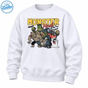 Monster Mash Halloween design with Frankenstein, werewolf, vampire, witch, zombie, mummy, ghost, and black bats