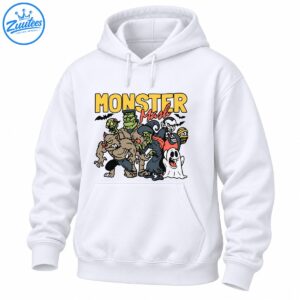 Monster Mash Halloween design with Frankenstein, werewolf, vampire, witch, zombie, mummy, ghost, and black bats
