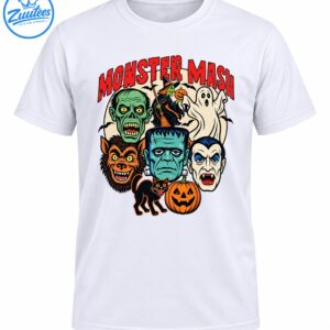 Monster Mash Halloween design with Frankenstein, Dracula, werewolf, ghost, witch, black cat, and jack-o'-lantern