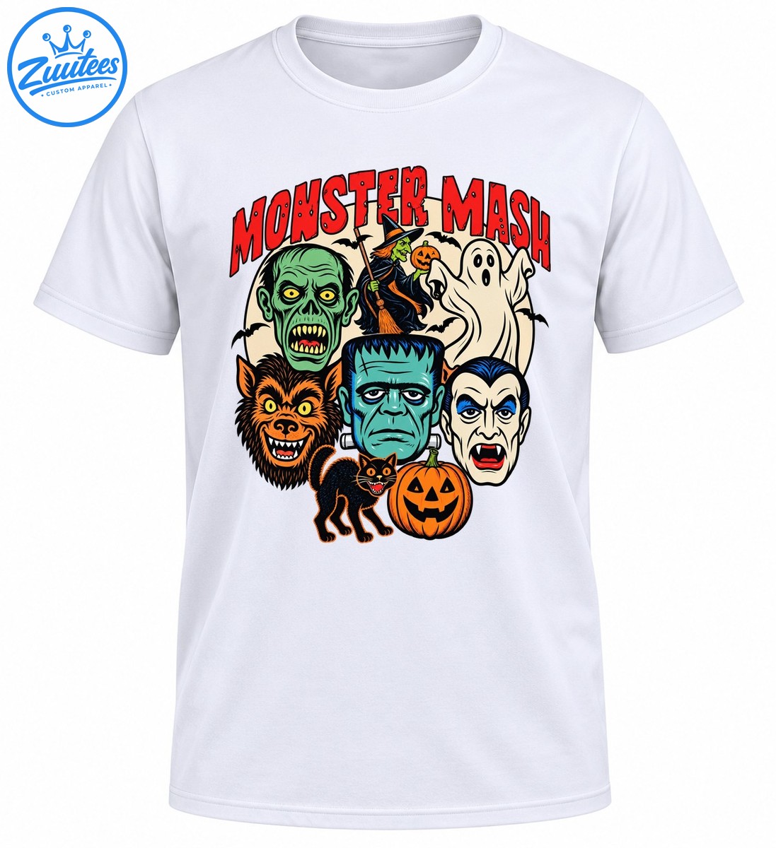 Monster Mash Halloween design with Frankenstein, Dracula, werewolf, ghost, witch, black cat, and jack o' lantern Monster Mash Halloween design with Frankenstein, Dracula, werewolf, ghost, witch, black cat, and jack-o'-lantern