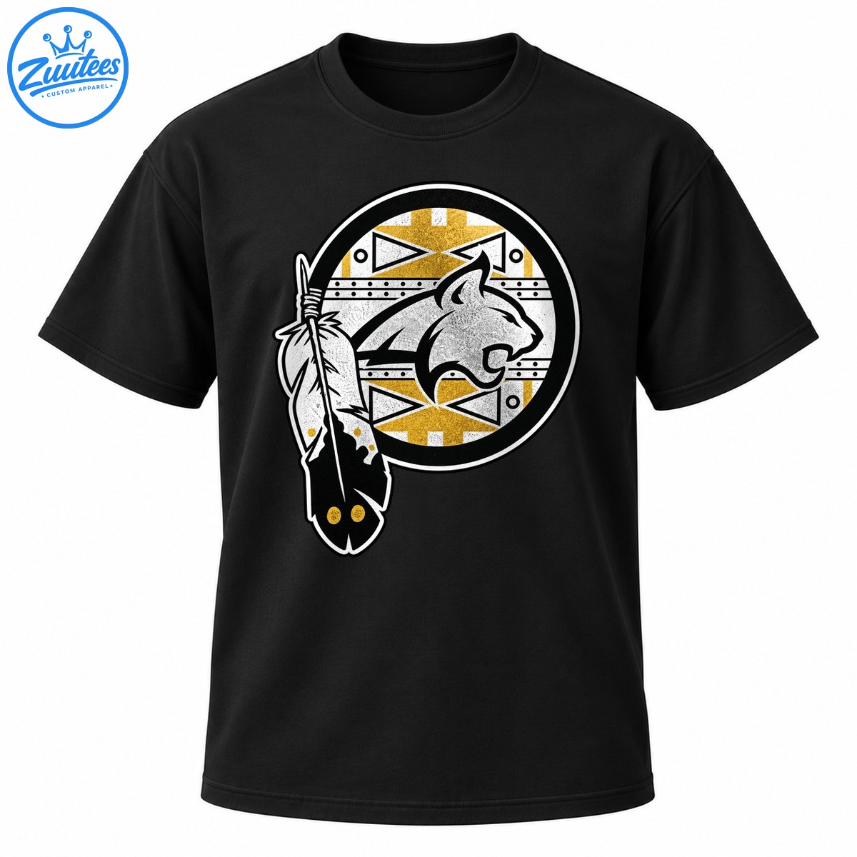 Circular silver gray cougar emblem with distressed gold and white geometric patterns and decorative feathers on a black shirt. Circular silver-gray cougar emblem with distressed gold and white geometric patterns and decorative feathers on a black shirt.