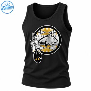 Circular silver-gray cougar emblem with distressed gold and white geometric patterns and decorative feathers on a black shirt.