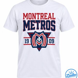 Montreal Metros 1909 graphic featuring bold red and navy lettering and a geometric crest with a white fleur-de-lis.