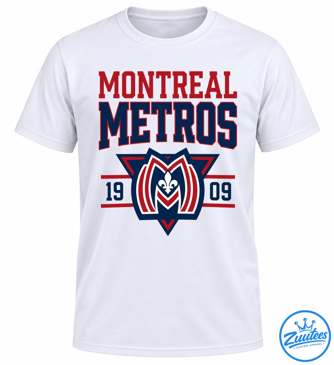 Montreal Metros 1909 graphic featuring bold red and navy lettering and a geometric crest with a white fleur de lis. Montreal Metros 1909 graphic featuring bold red and navy lettering and a geometric crest with a white fleur-de-lis.