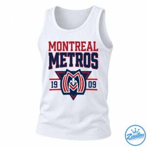 Montreal Metros 1909 graphic featuring bold red and navy lettering and a geometric crest with a white fleur-de-lis.