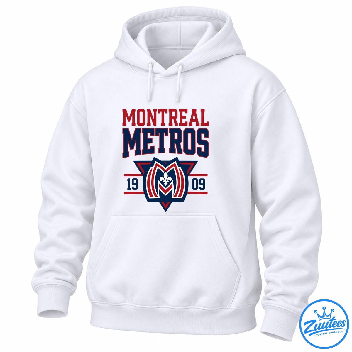 Montreal Metros 1909 graphic featuring bold red and navy lettering and a geometric crest with a white fleur de lis. Montreal Metros 1909 graphic featuring bold red and navy lettering and a geometric crest with a white fleur-de-lis.
