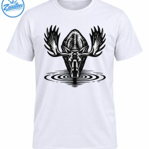 Black and white moose illustration with large antlers drinking water surrounded by concentric ripples