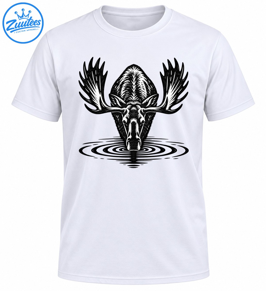 Black and white moose illustration with large antlers drinking water surrounded by concentric ripples Black and white moose illustration with large antlers drinking water surrounded by concentric ripples