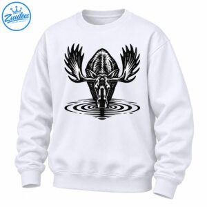 Black and white moose illustration with large antlers drinking water surrounded by concentric ripples