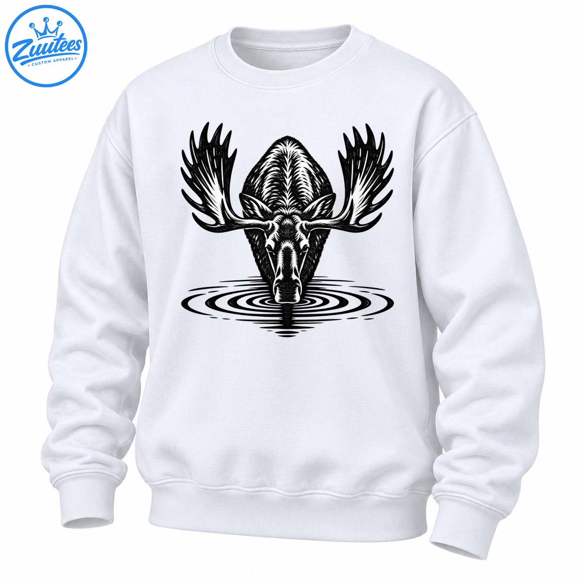 Moose Drinking Water Black and White Wildlife Illustration Sweatshirt