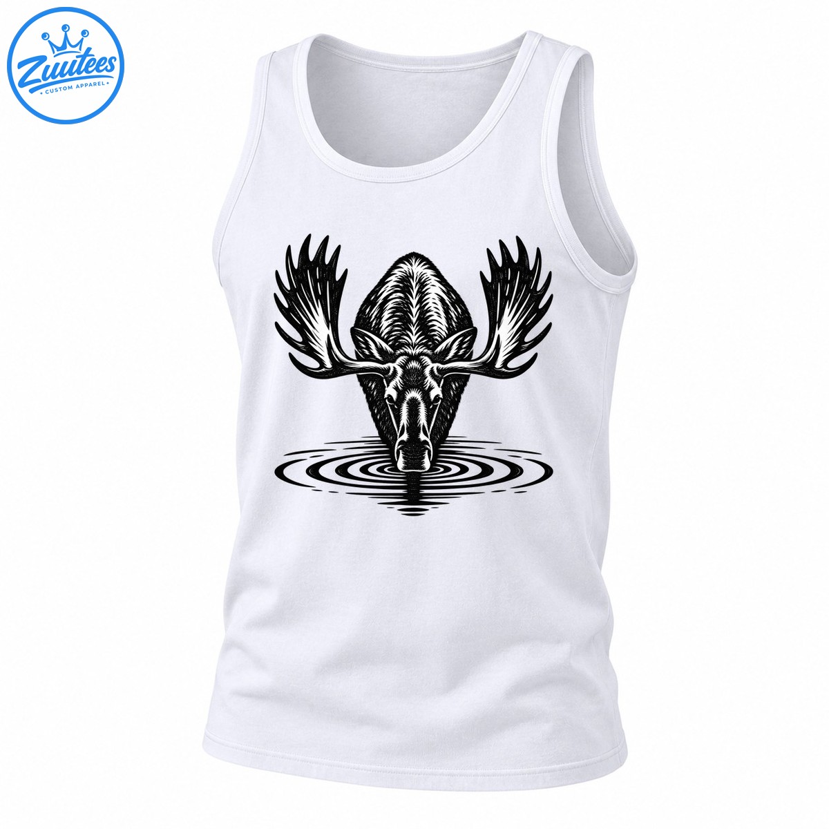 Moose Drinking Water Black and White Wildlife Illustration Tank Top