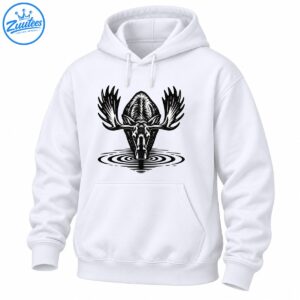 Black and white moose illustration with large antlers drinking water surrounded by concentric ripples